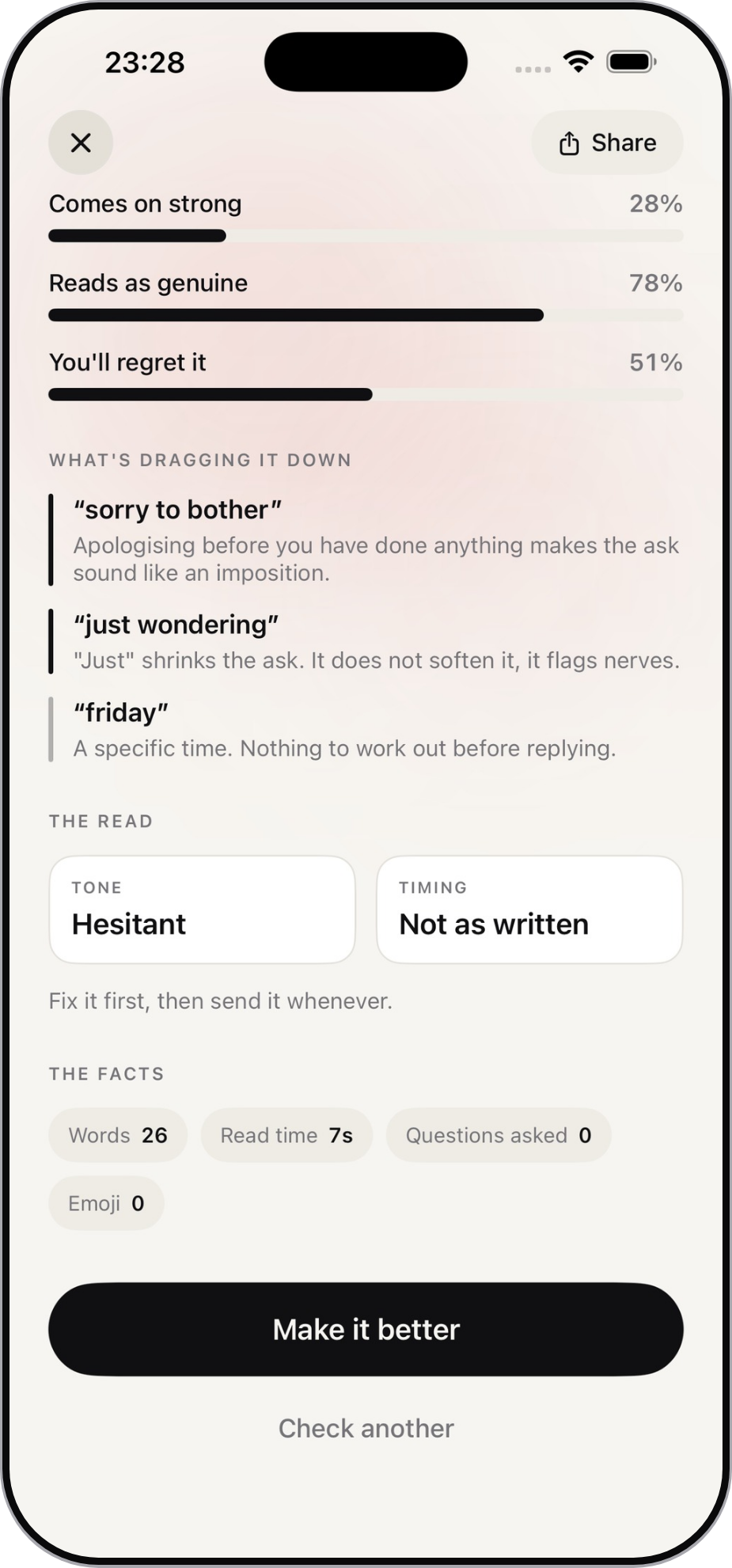 The breakdown on iPhone: quoted phrases “sorry to bother”, “just wondering” and “friday”, each with a line explaining what it does to the reader