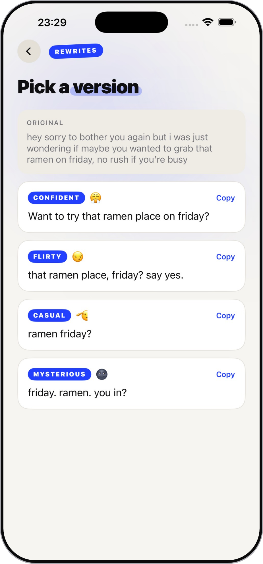 The rewrite screen on iPhone with four versions of the same message, labelled confident, flirty, casual and mysterious, each with a copy button